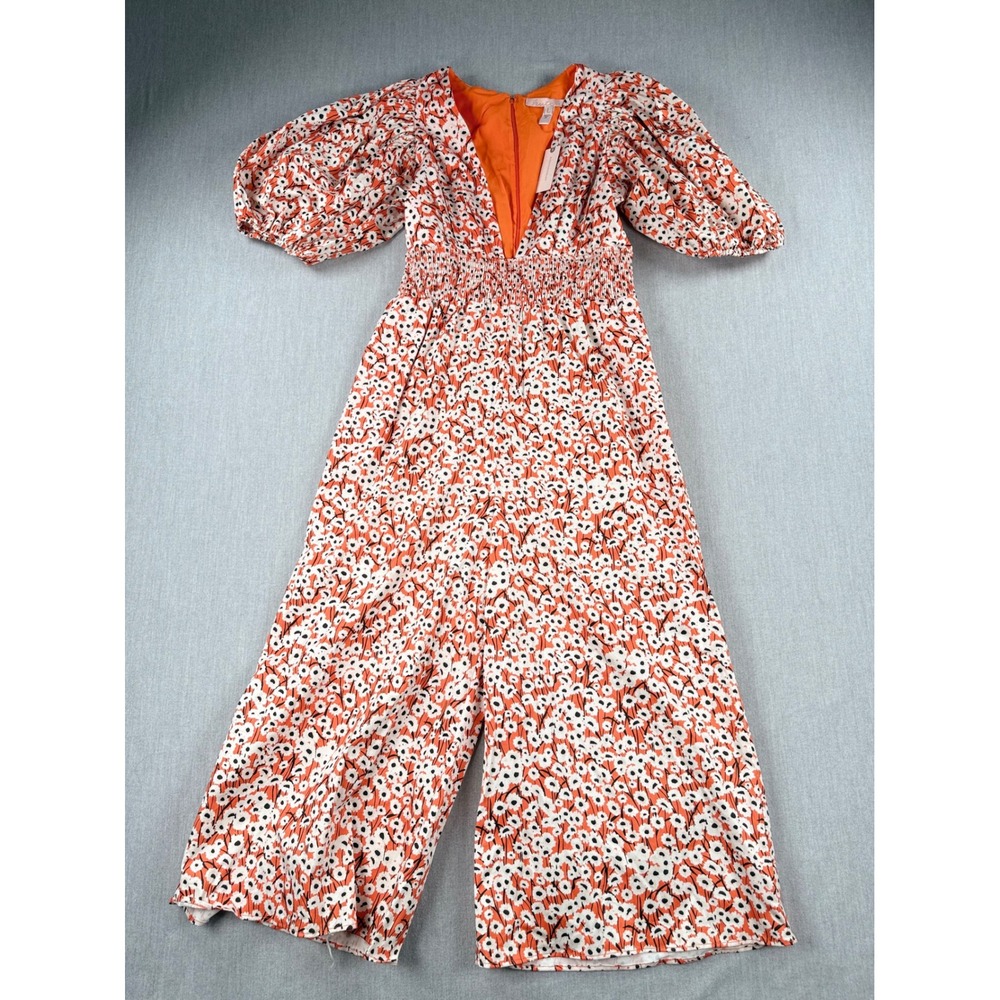 Hutch Anthropologie Orange Floral Puff Sleeve Smocked Wide Leg Jumpsuit NWT L
